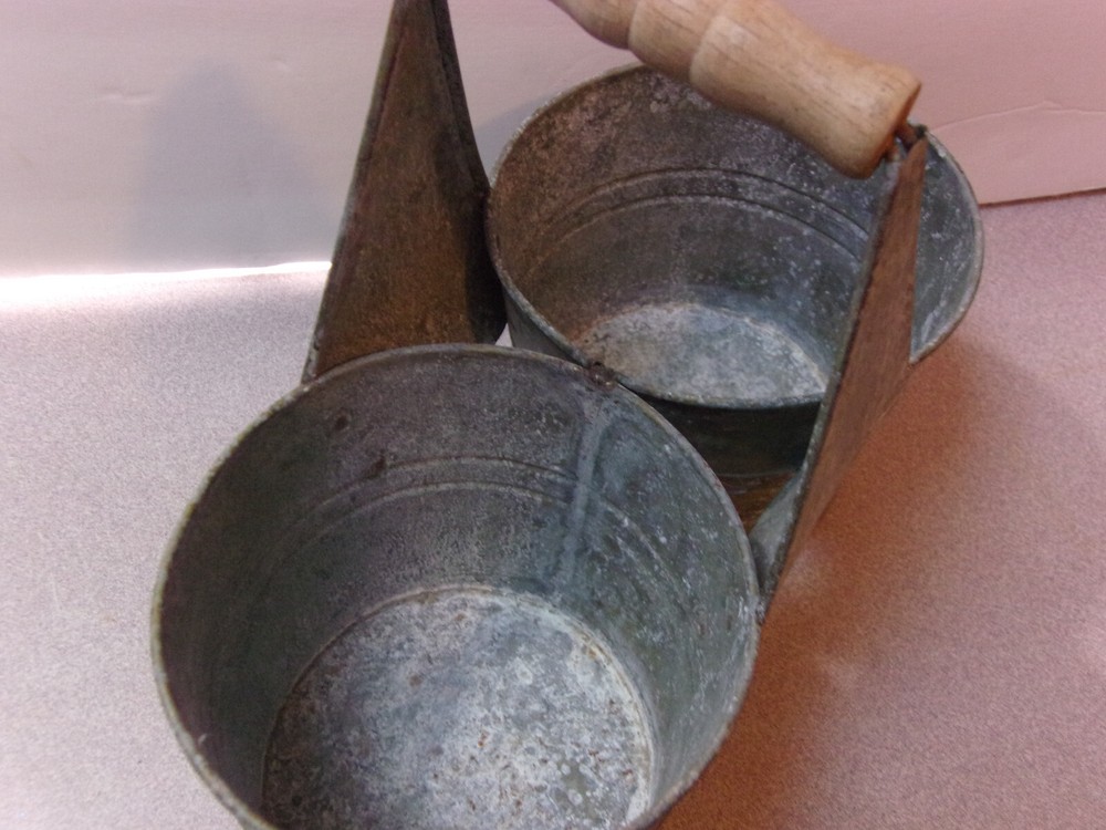 Vintage Double Galvanized 4" Pails Connecting w/ Wooden Handle