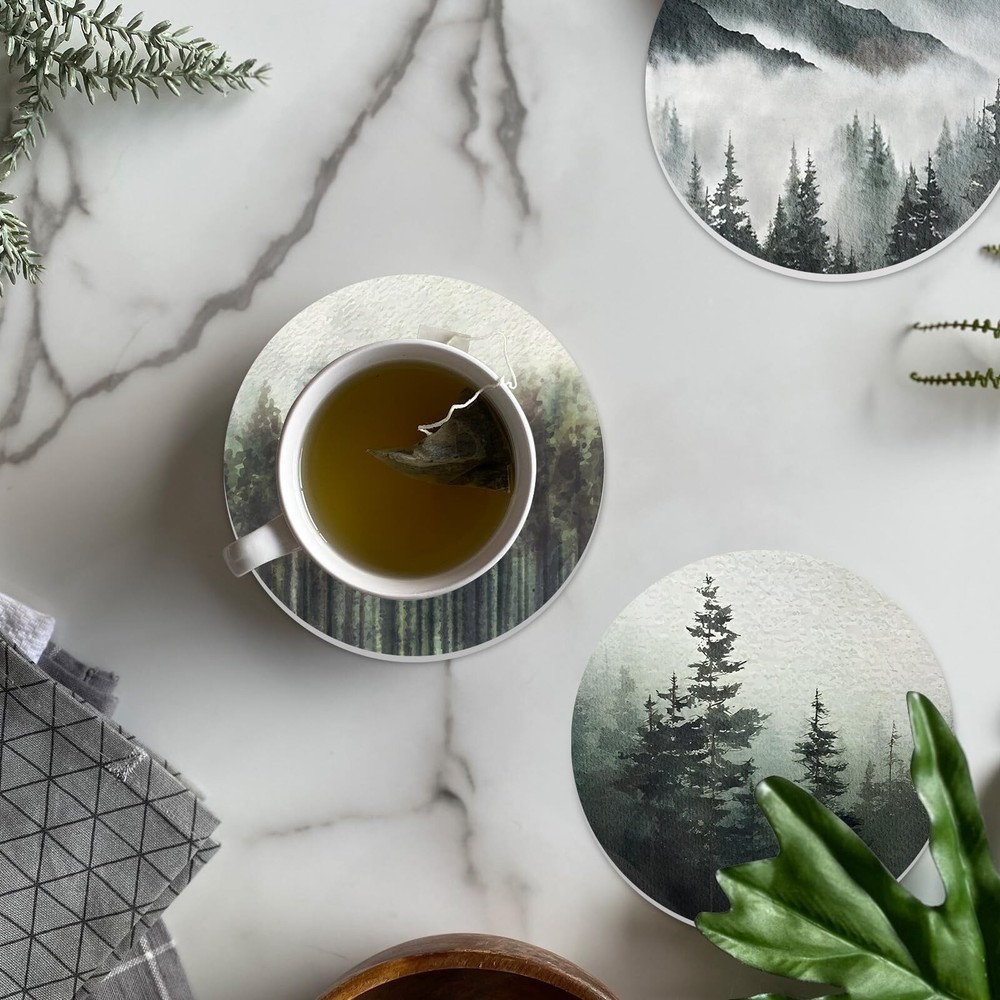 Whaline 6Pcs Forest Coasters with Holder Misty Forest Ceramic Drink Coasters ...