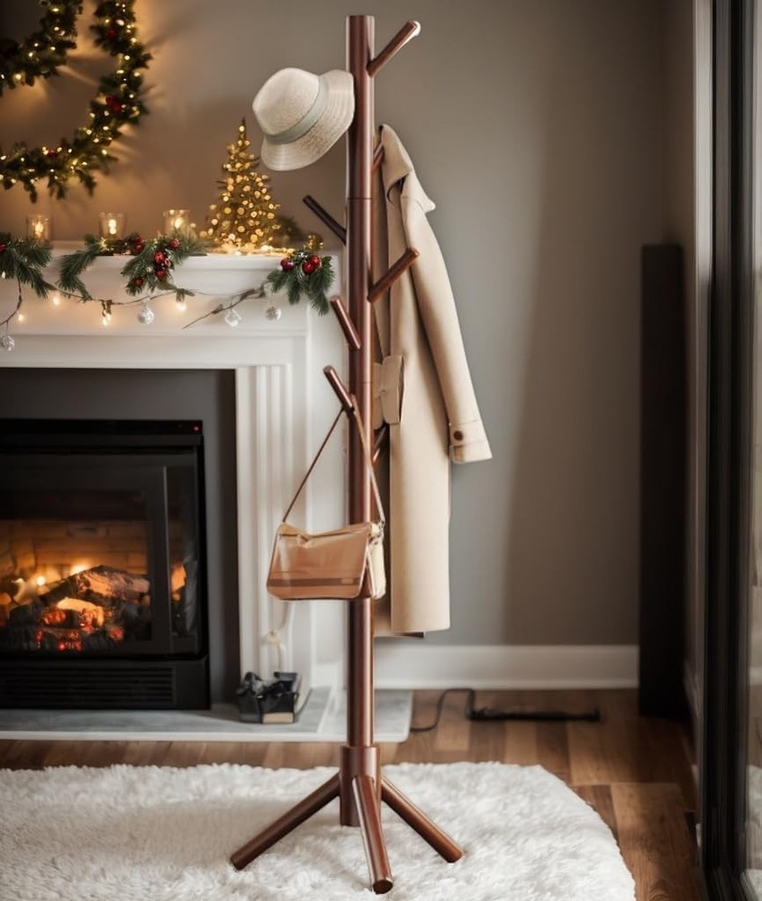 Freestanding Wooden Coat Tree - Stylish Storage Solution with Adjustable Height