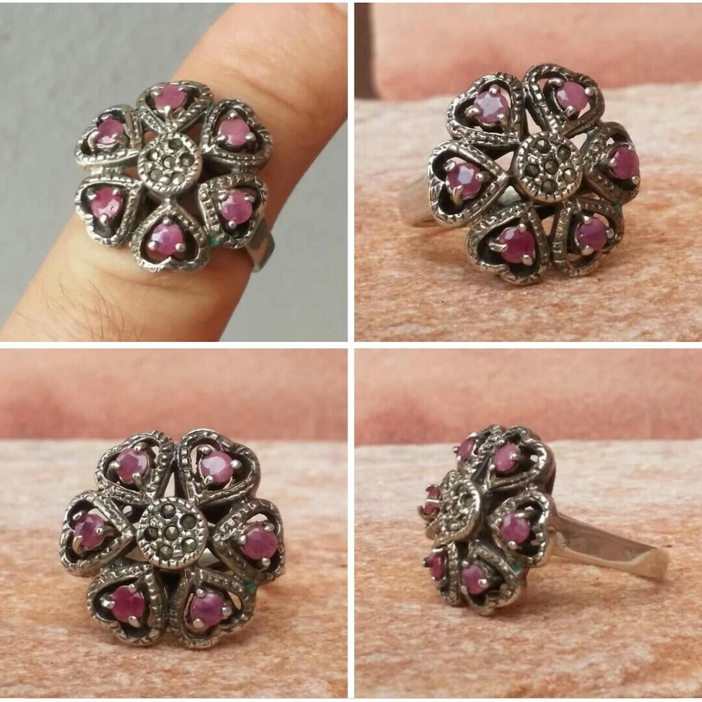 925 SILVER RING women's SOLITAIRE SEAL ruby pink flower