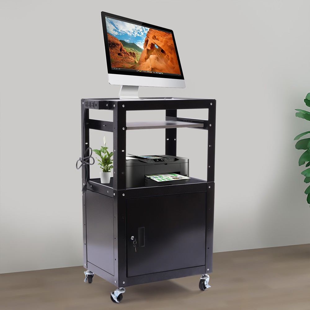 Large AV Cart with Extra Storage - Adjustable Height Cart with Locking Cabinet