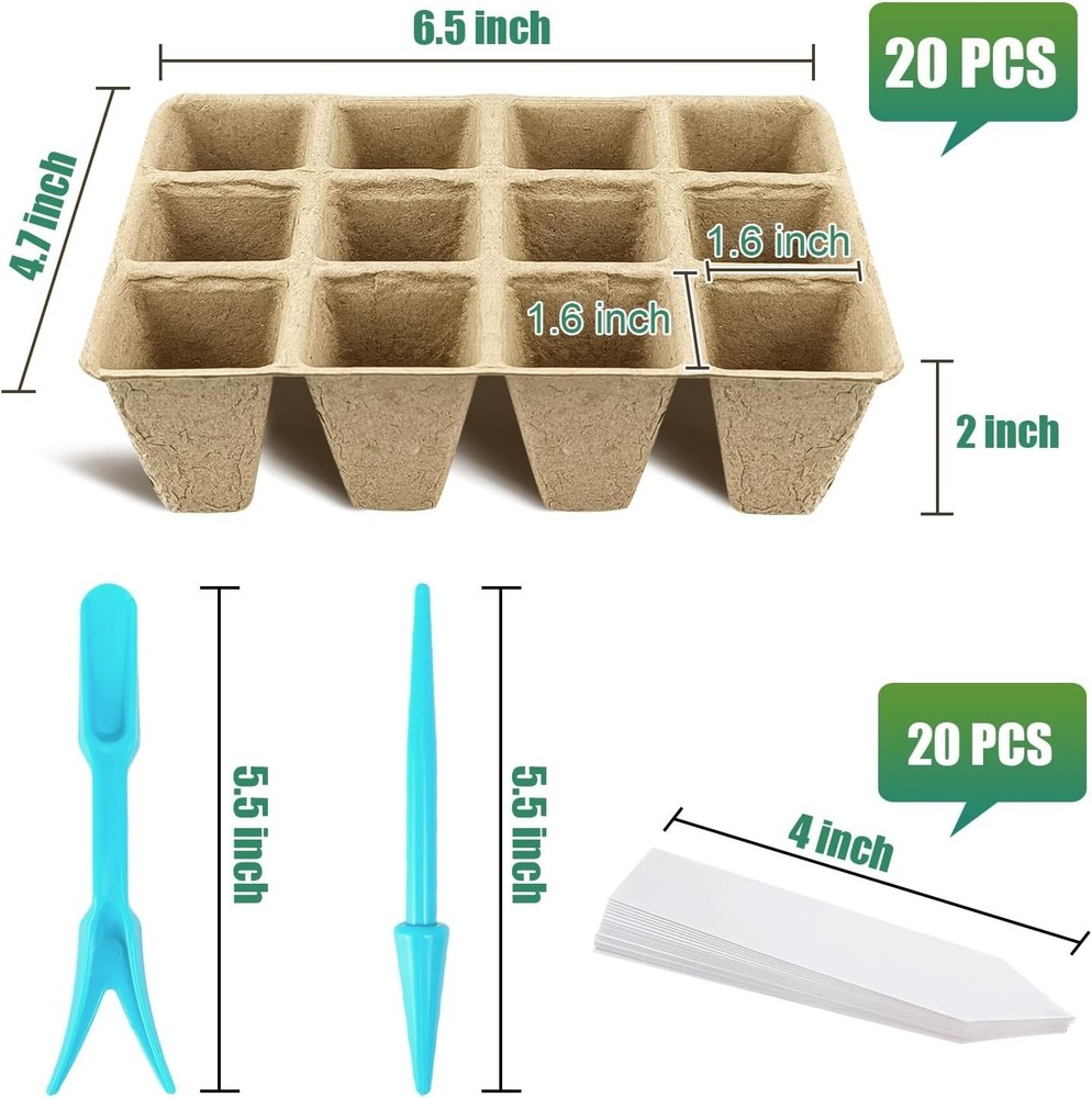 20 Pack Peat Pots, 240 Cells Biodegradable Seedling Starter Trays, Peat Pots for