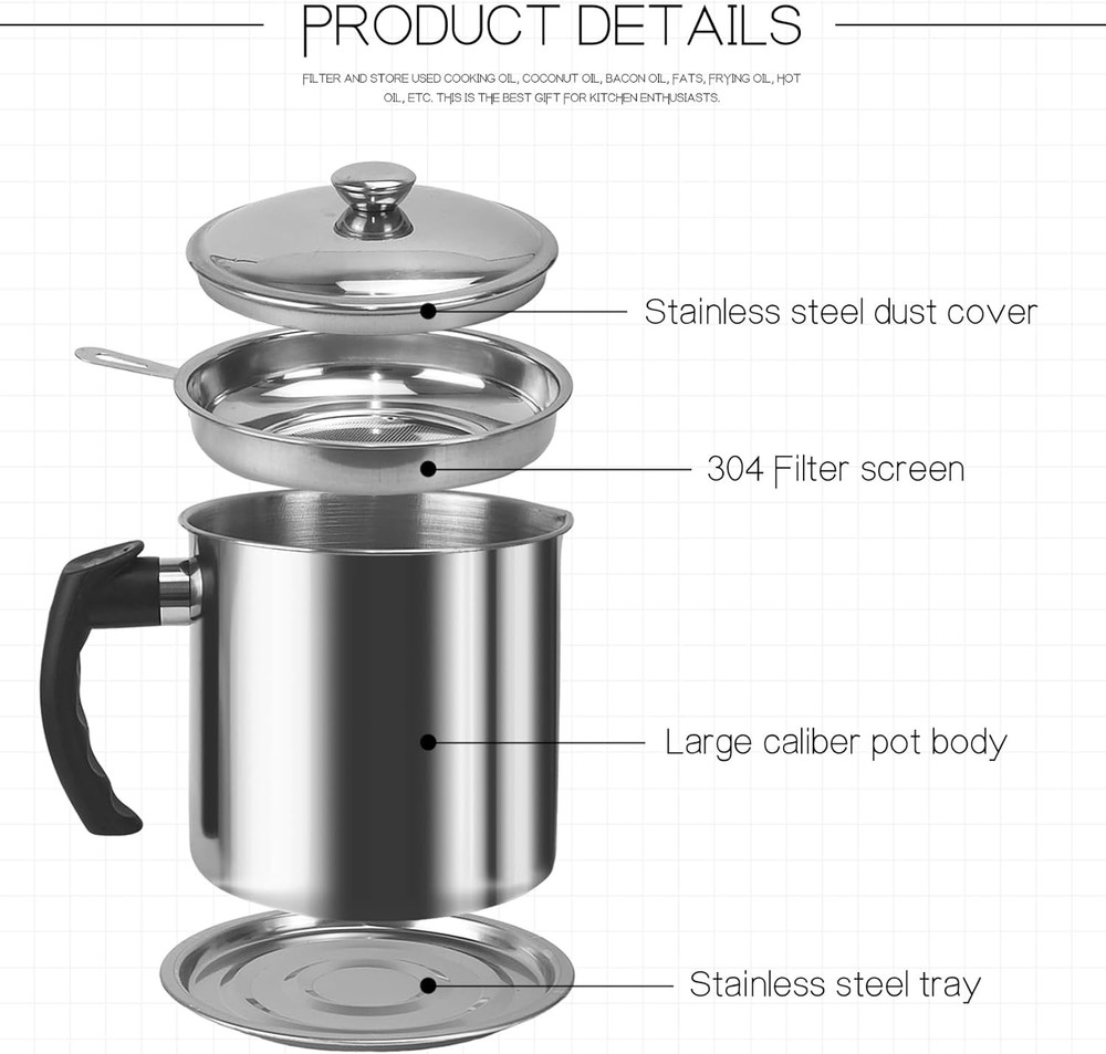 Bacon Grease Container With Strainer,1.3L(46 fl. oz.) Kitchen 1.3L, Silver