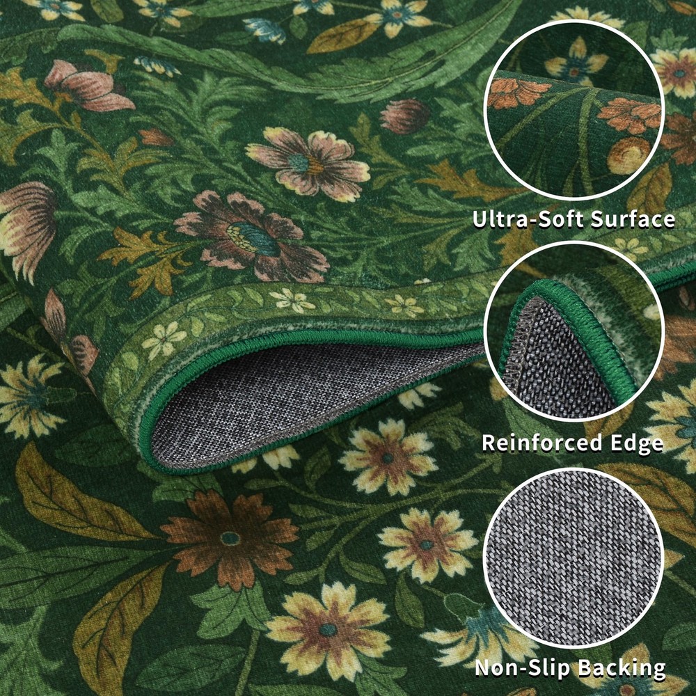 5×7 Dark Green Washable Floral Area 5' x 7' (Rectangular),