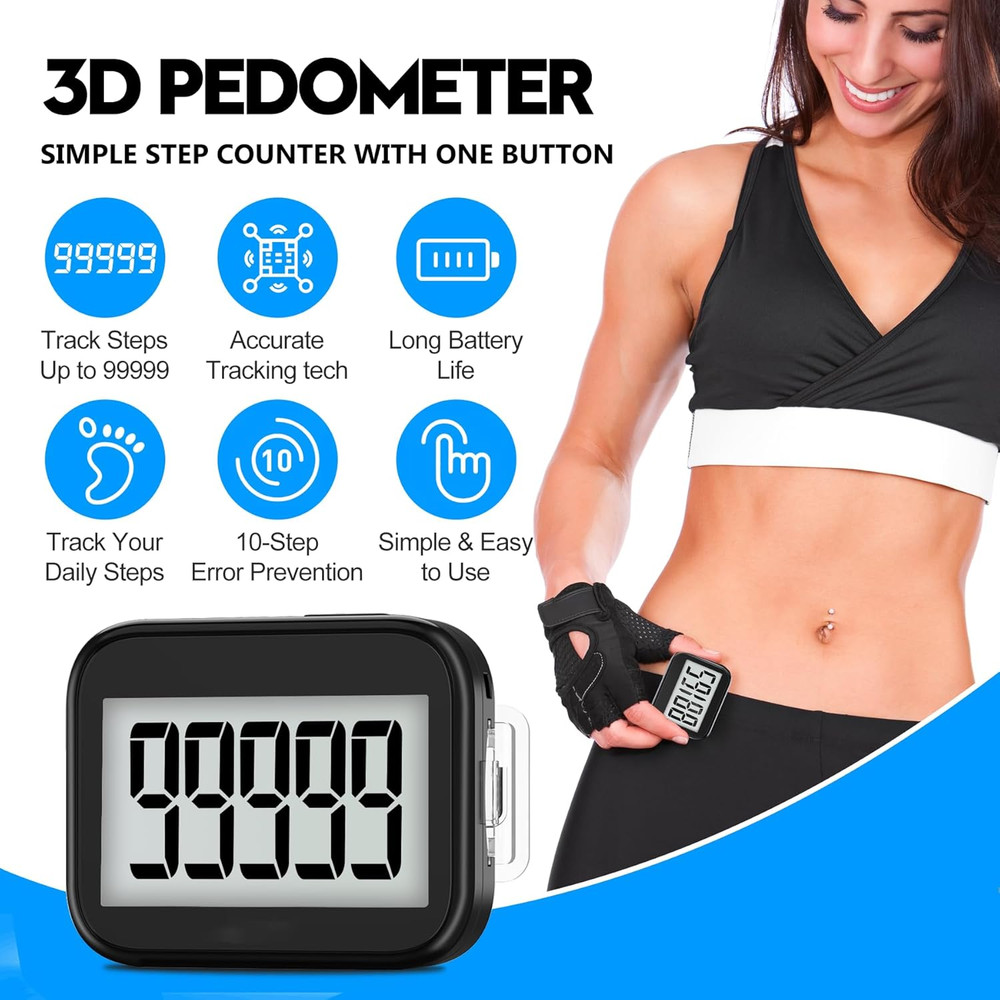 3D Pedometer for Walking, Simple Step Counter with Removable Clip and Lanyard, A