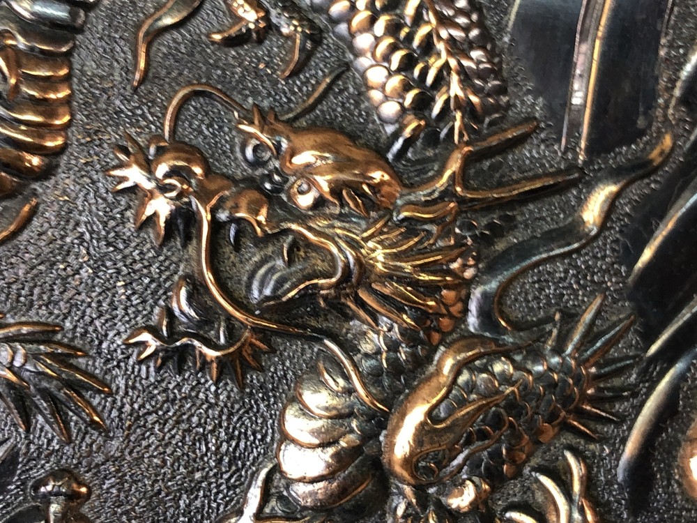 Y7593 BOX copper accessory case embossed Dragon Japan antique small container