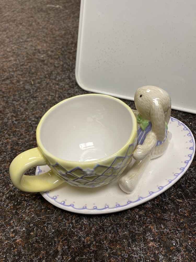 Hallmark Vintage Ceramic Easter-Spring Rabbit Bunny Holding a Cup & Saucer Set
