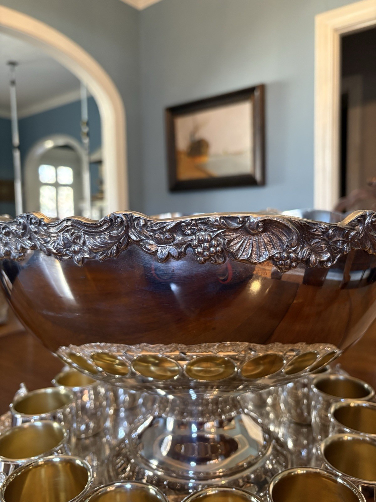 Towel Silverplate Punchbowl, Tray, Ladle, Punch Cups