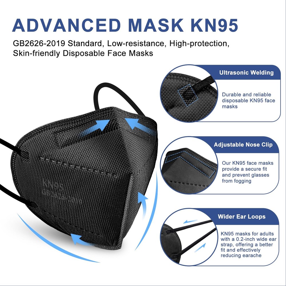 KN95 Face Masks Black Adults - 100 Pack Disposable Masks Comfortable 5-Layer ...