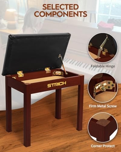Piano Bench with Storage, Solid Wood Keyboard Stool, Padded Cushion, Deep Brown