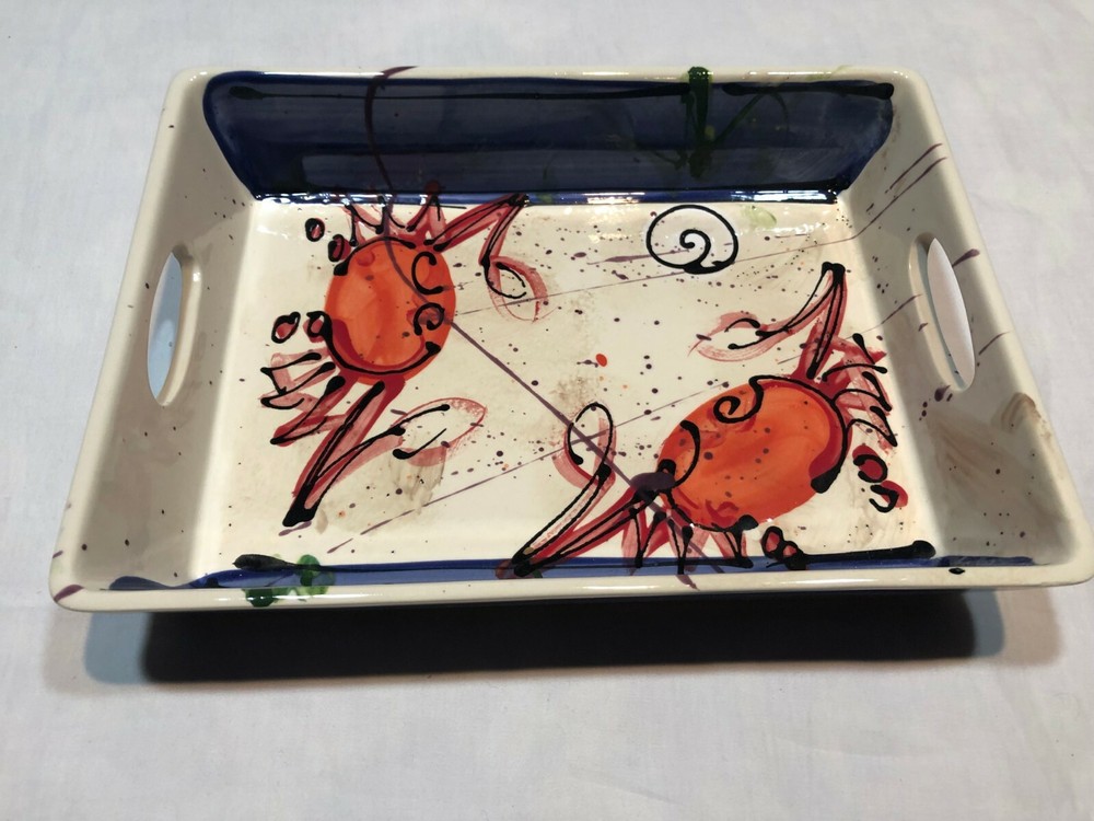 Deep Dish, Hand painted, Oven proof, Handles, Signed, US, Beach, 12", New