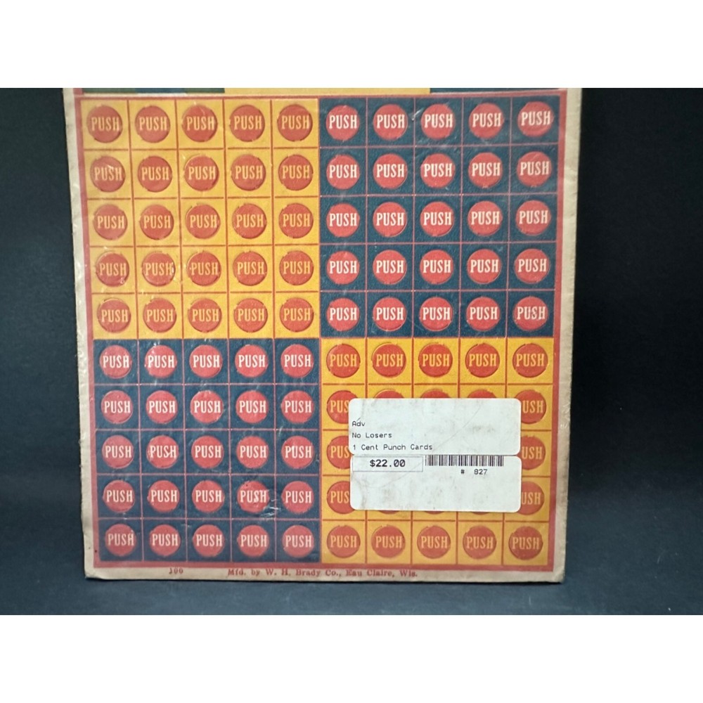 No Losers 1 Cent Punchboard Unpunched W.H. Brady Co.
