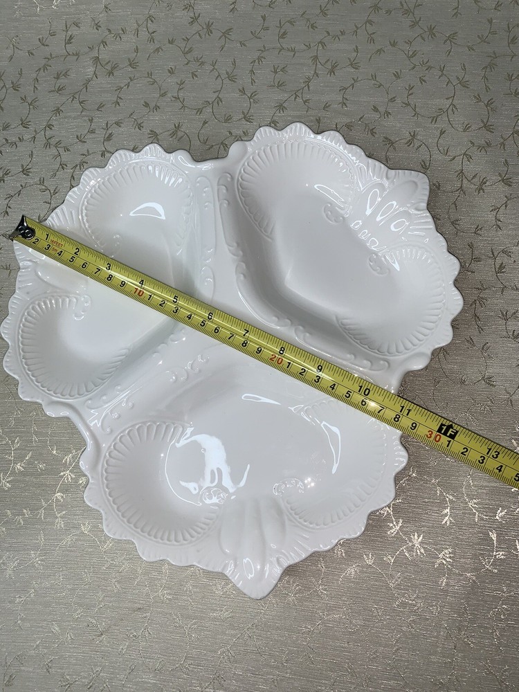 Vtg 11” White Scroll work 3 section Ceramic Serving Plate Platter Hearts Italy