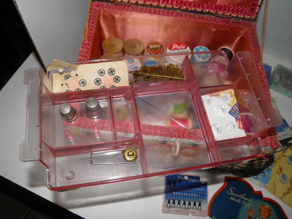 Vintage Sewing Basket LOADED Wood Spool Thread Scissors Needles Buttons VGUC