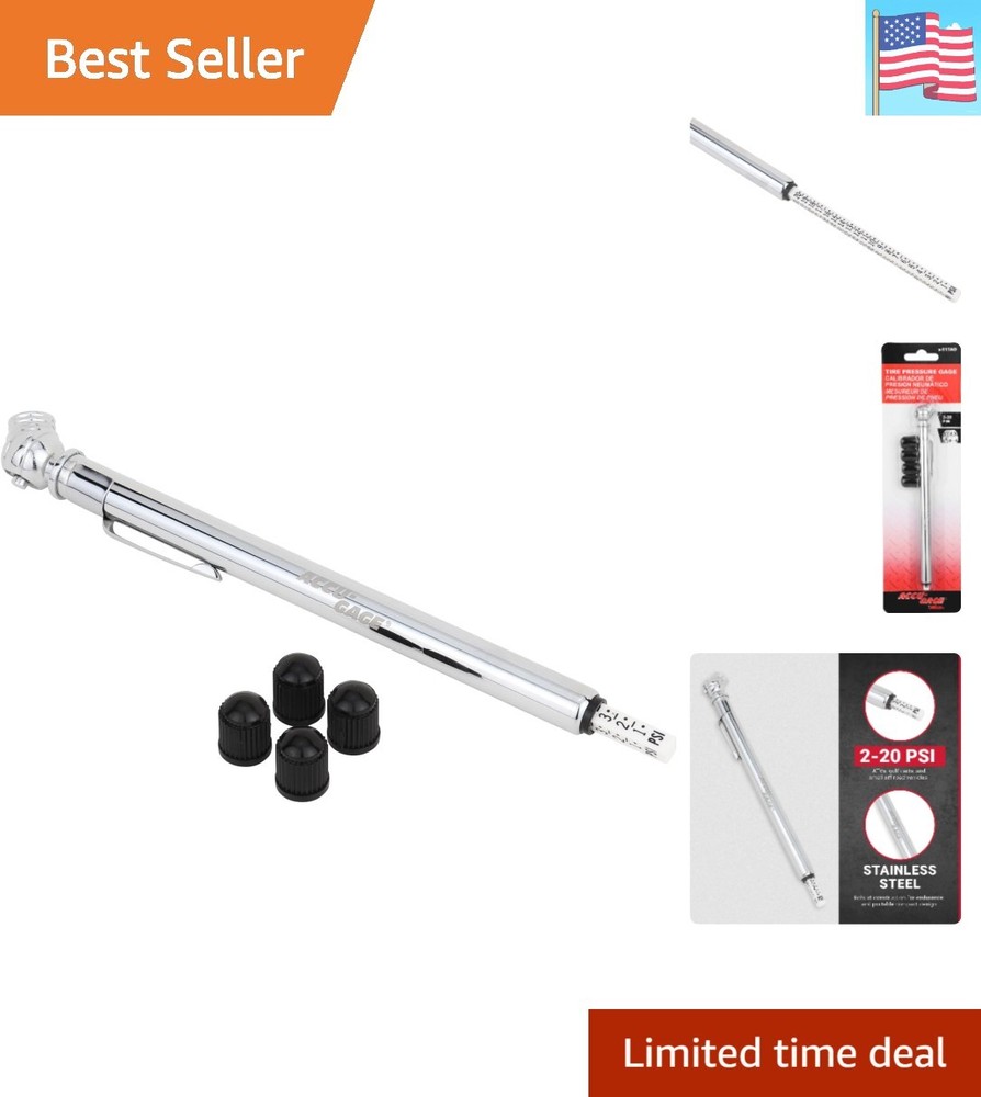 Pencil Tire Pressure Gauge 2-20 PSI Heavy Duty Stainless Steel Low Pressure G...