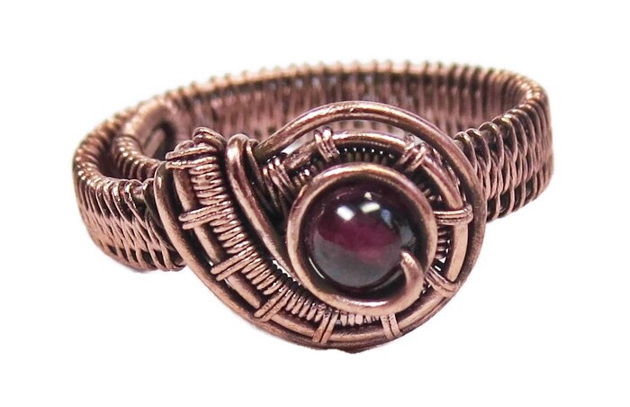 Garnet Adjustable Ring, Woven in Copper Wire