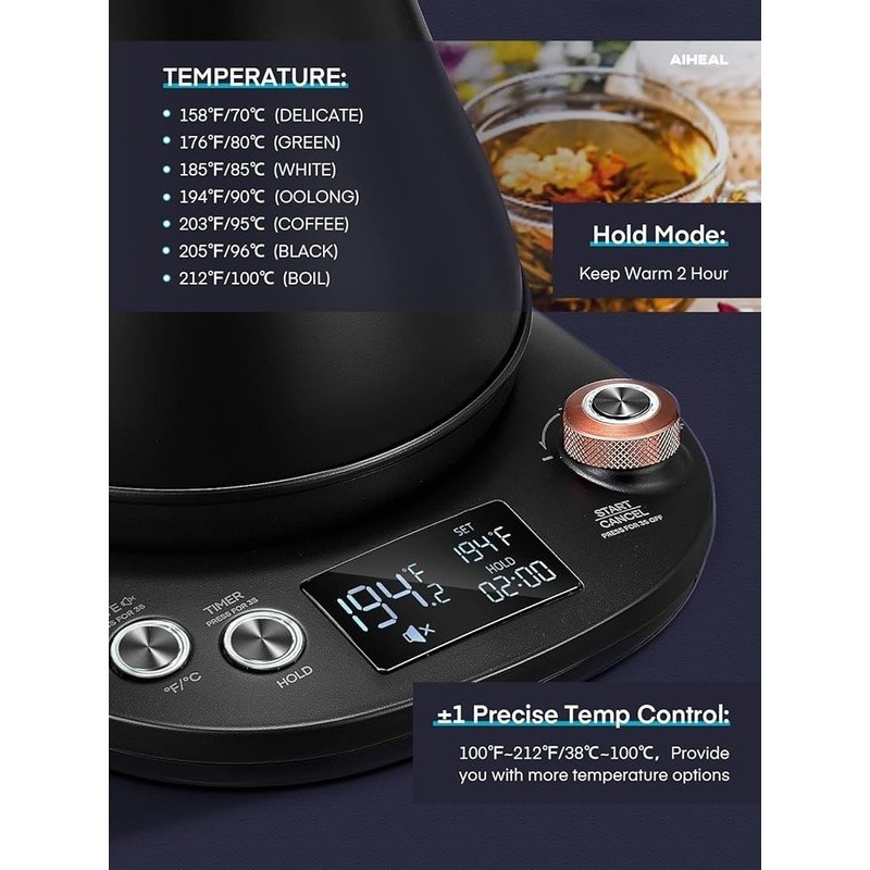 Electric Kettle Gooseneck Design Temperature Control LCD Display Auto Shut-Off