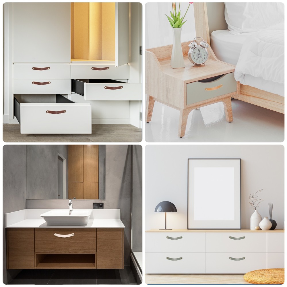 6 Packs Leather Drawer Pulls Double Hole Knobs, Brown/Gold(Hole Spacing:96mm)