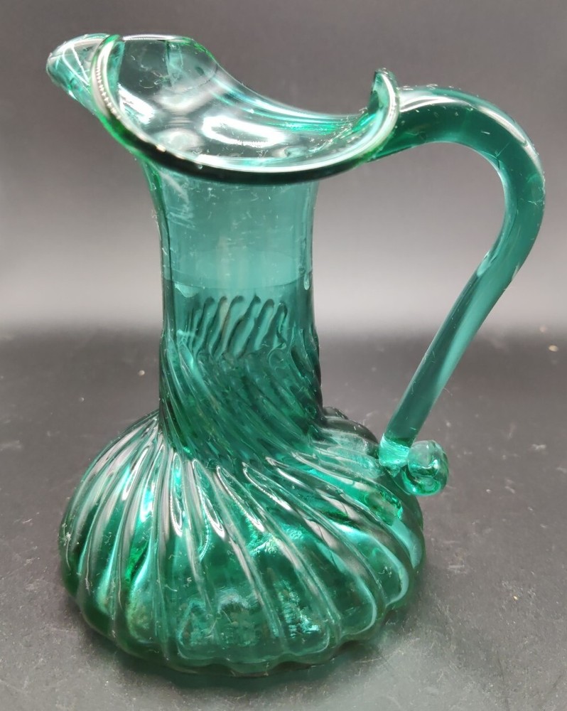 Small Green Art Glass Pitcher 5"