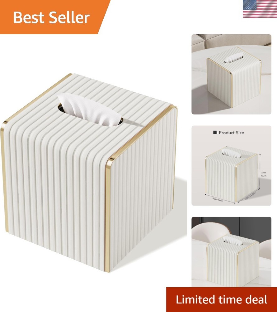 Leather Tissue Box Cover Square Modern Decor with Gold Edging