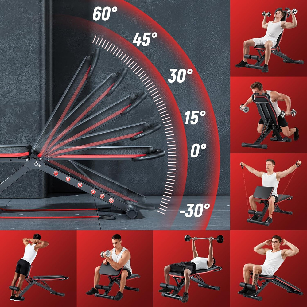 Adjustable Weight Bench, Workout Benches with Leg Extension & Extended Headrest,