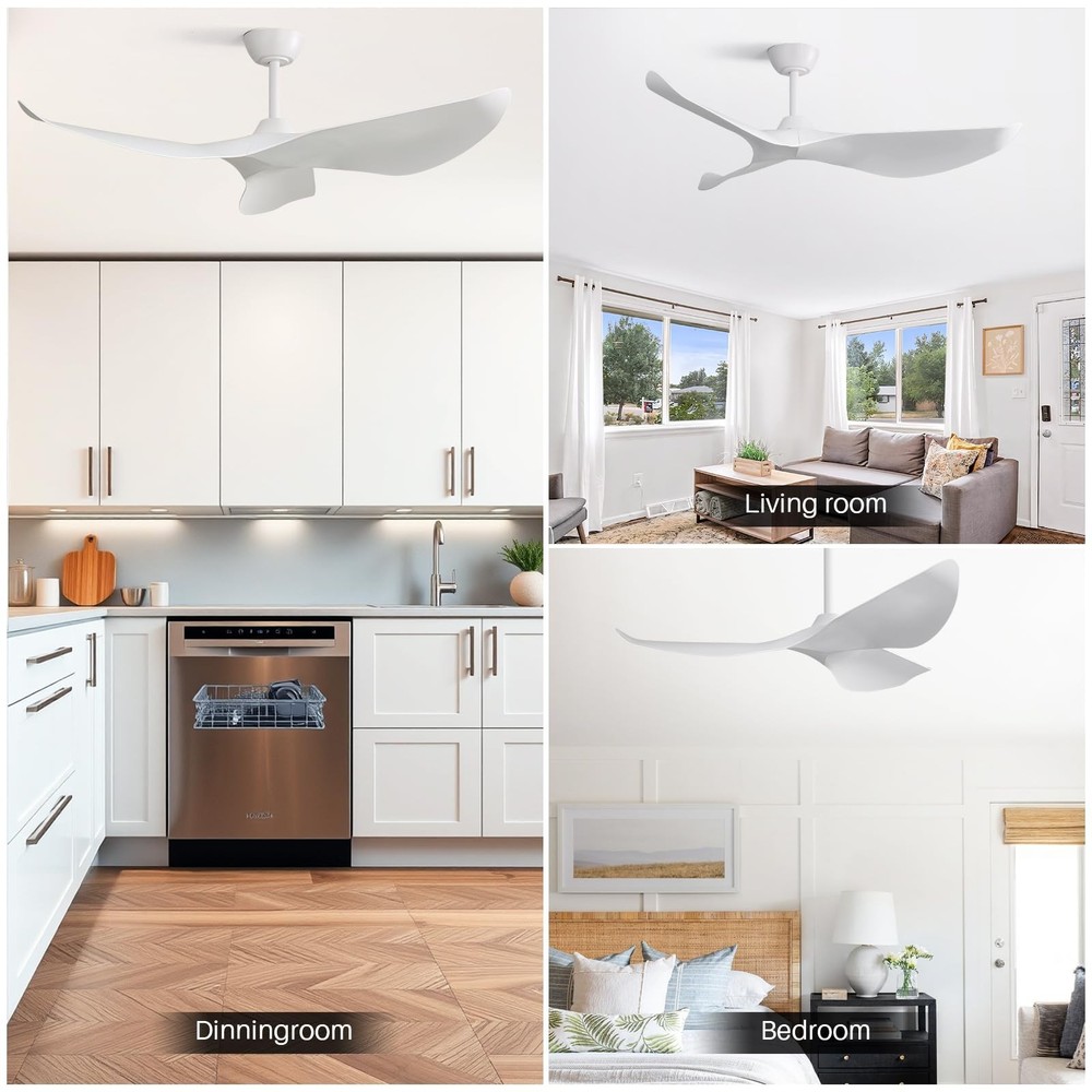 CACI Mall 52" White Ceiling Fan No Light, Modern, Remote Control, Low Profile...