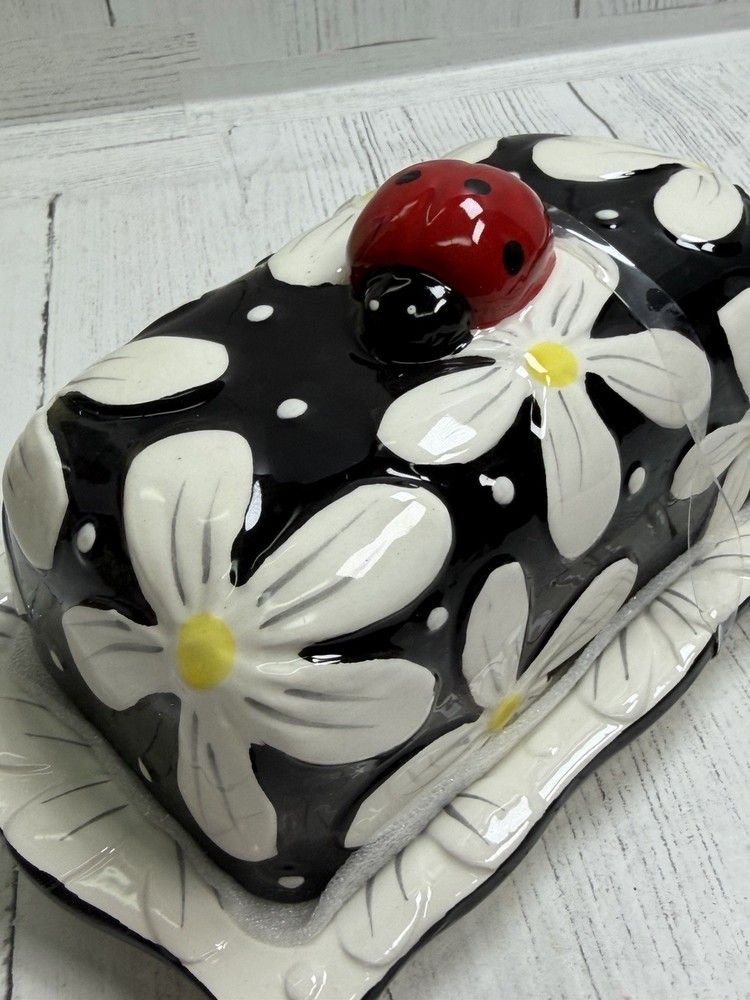 Black White Daisy Butter Dish Ceramic Ladybug Farmhouse Kitchen