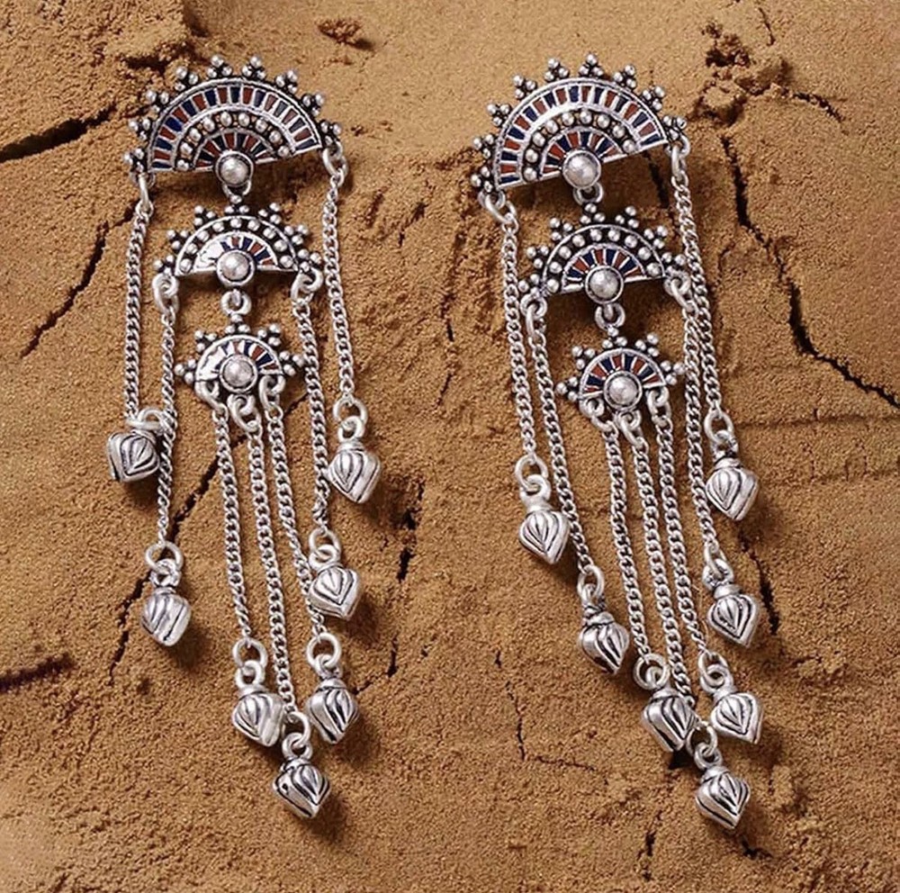 Indian Ethnic Dangle Earrings Silver Tone Handmade Push Back