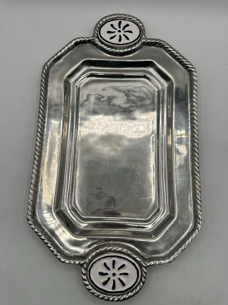 Pewter Mexicano Platter With Ceramic Tile Handle Embellishments