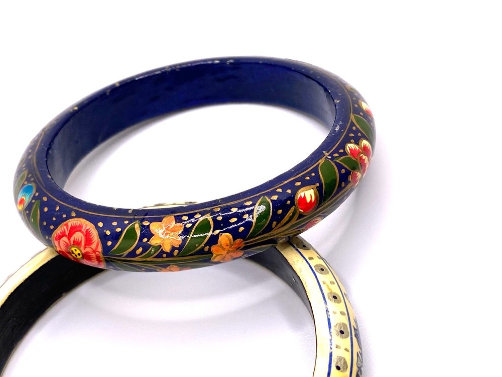 Artisan Bangle Bracelets (2) Hand Painted Blues Whites Reds Stackable