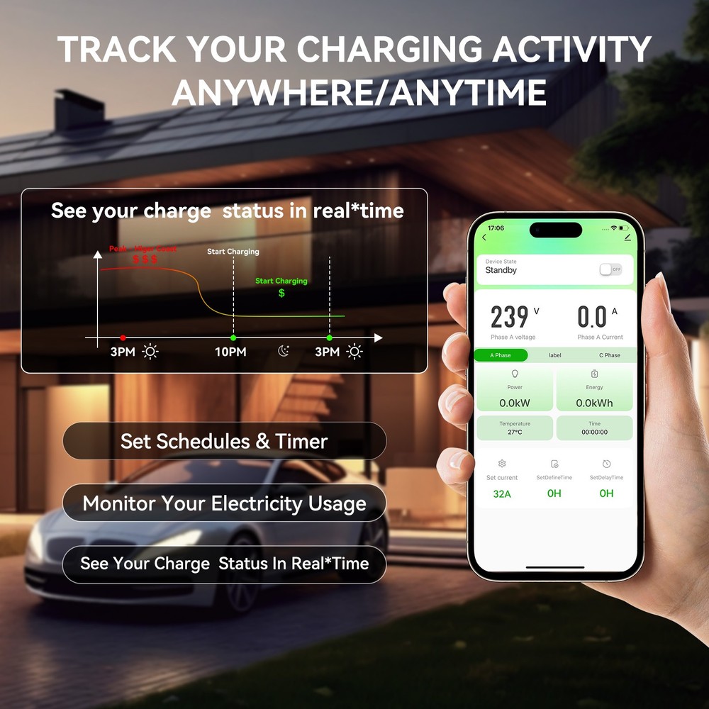 Level 2 Portable EV Charger 32A Adjustable Current & Timer 240V NEMA 14-50 Plug