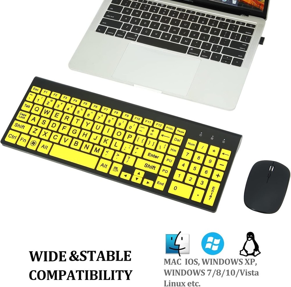 Large Print Wireless Keyboard & Mouse Set for Easy Typing - Ideal for Low Vision