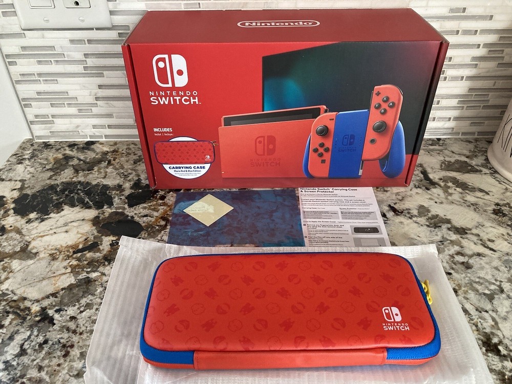 Nintendo Switch Complete EMPTY Box Mario Red & Blue Edition w/ Carrying Case