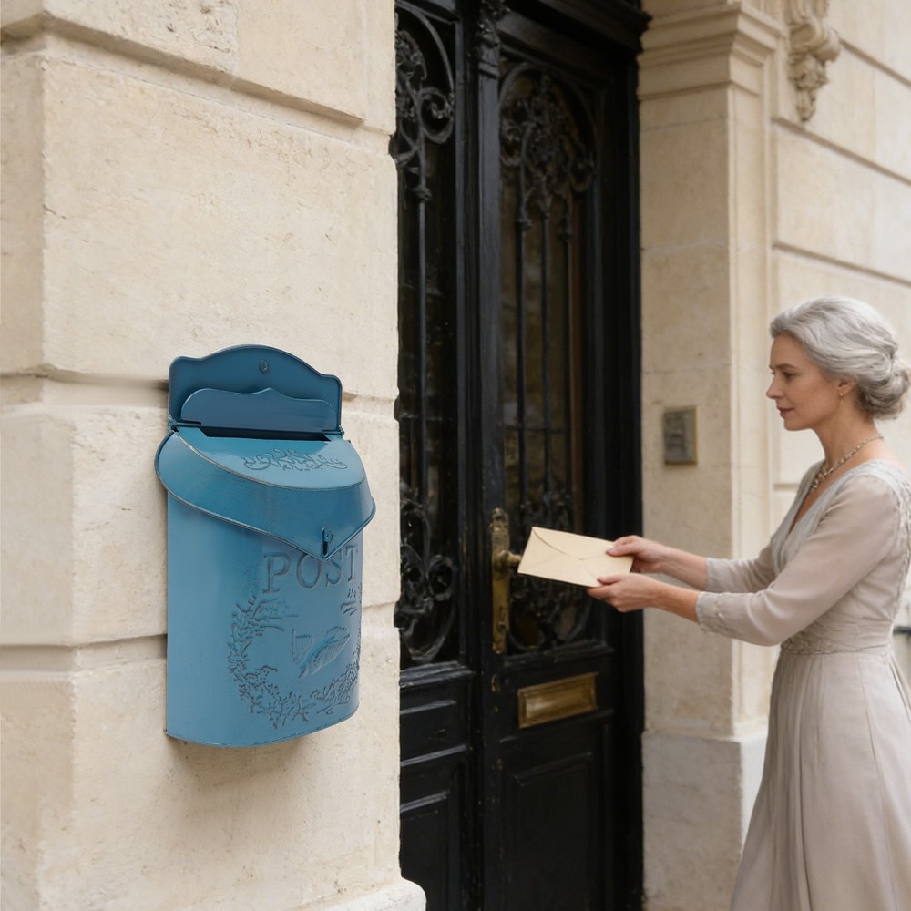 Blue Wall-Mounted Mailbox, Iron Vintage Mailbox, Decorative Rustic Metal Mailbox