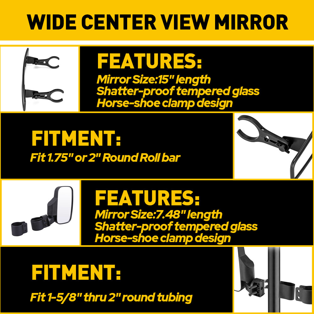 Universal UTV Rear Mirror View Side + Center Mirror Set Adjustable 1.75"-2"