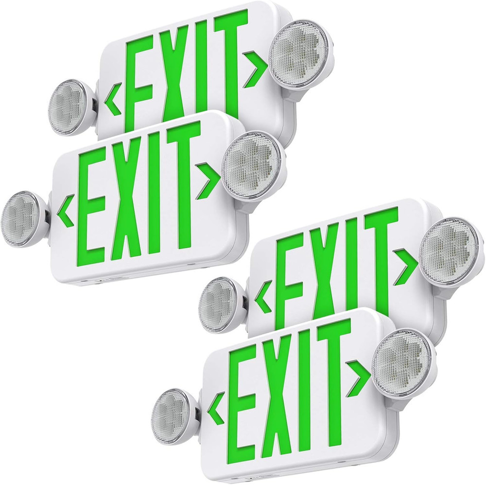 Green Led Exit Sign Emergency Light Combo Adjustable Two Head, Double Sided and