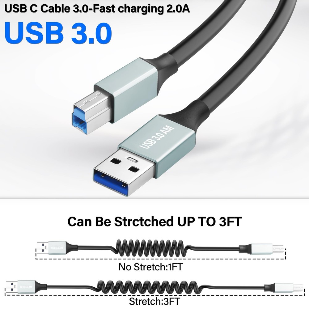 Coiled USB A to USB B 3.0 Cable Type A to Type B Printer USB Cable 5Gbps USB ...