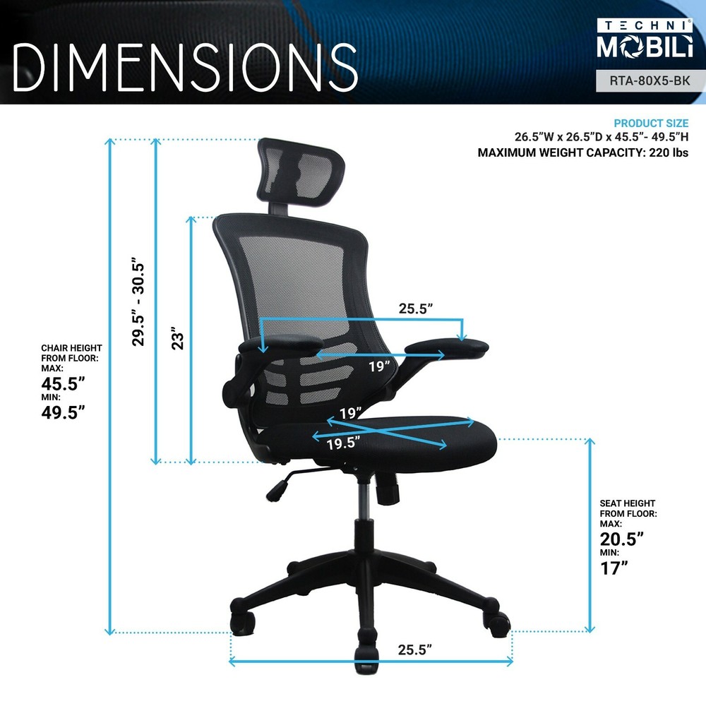Techni Mobili Modern Mesh Back Task Chair w/ Flip-up Armrest & Hight Adjustment