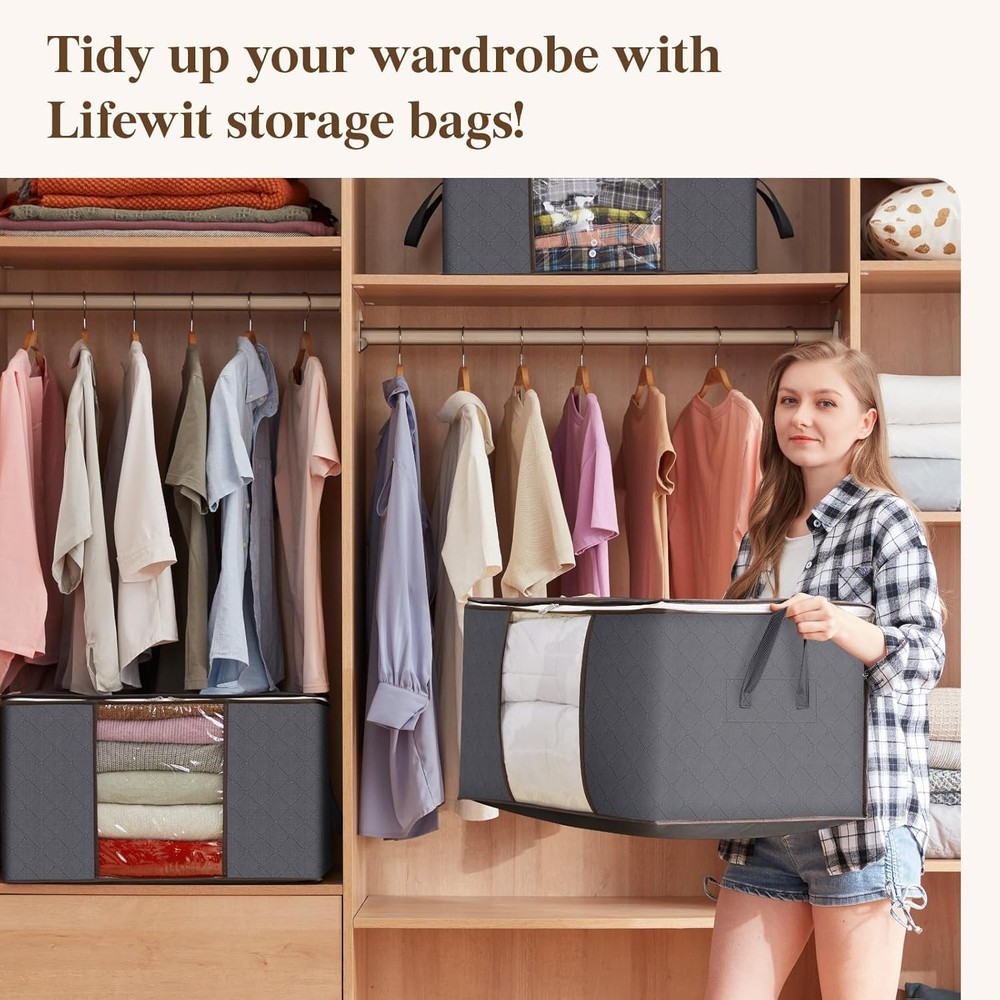 Foldable Clothes Storage Bins 6 Pack with Lids & Handles 60L Blanket Organizer