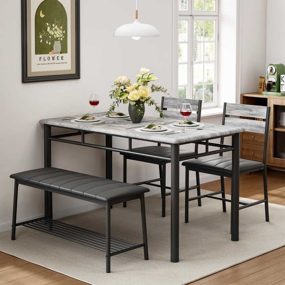 Dining Table Set for 4, Kitchen Table with Upholstered Bench and 2 Chairs, Ki...