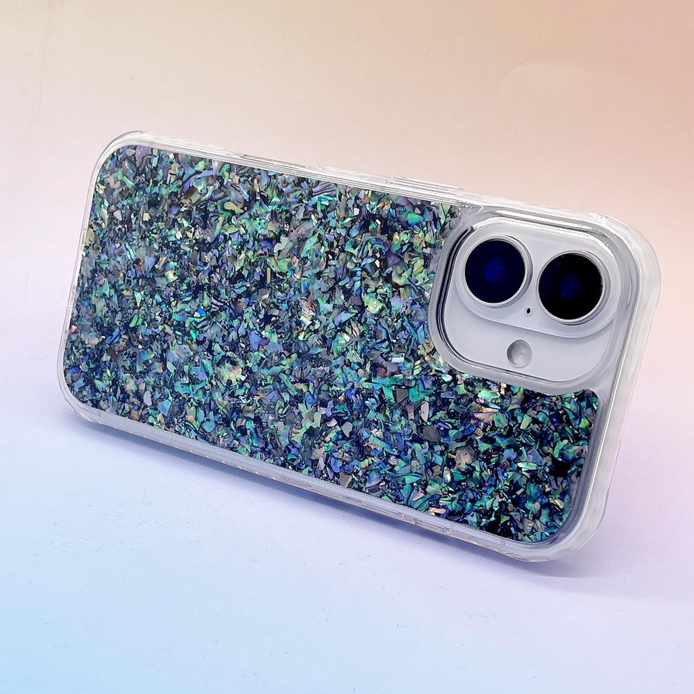 iPhone 16 6.1" MagSafe Bling Case Real Seashell Pattern Protective Cover Emerald