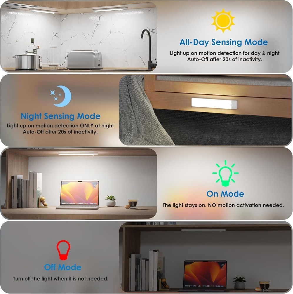 Rechargeable Motion Sensor Under Cabinet LED Light Bar 2-Pack, Cool White