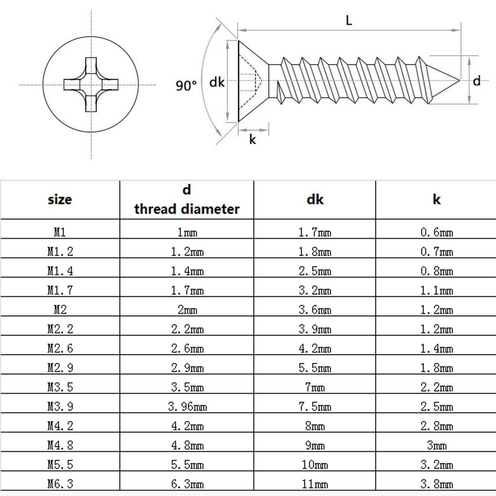 M1-M6.3 SUS304 Mini Micro Phillips Flat Countersunk Head Self-tapping Wood Screw