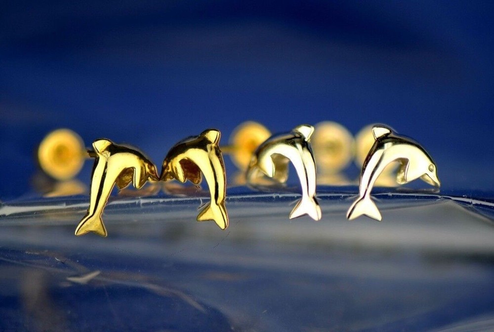 14k Yellow White Gold Dolphin Earrings