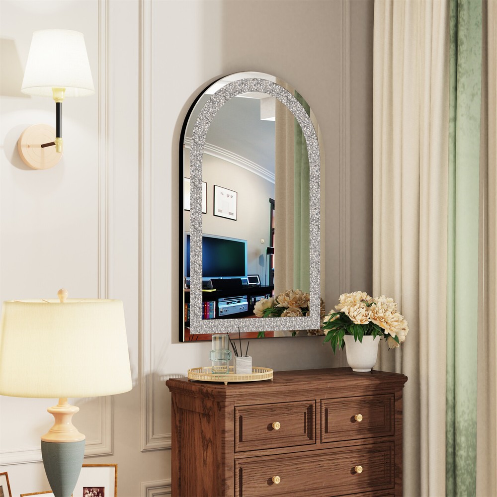 Crystal Decorative Mirror for Wall Arched Gorgeous Silver Crush Diamond Mirror