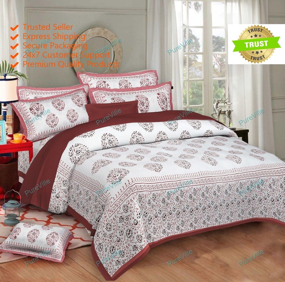 Indian Floral Pattern 100% Cotton Double Bed Sheet With 2 Pillowcase, Pink