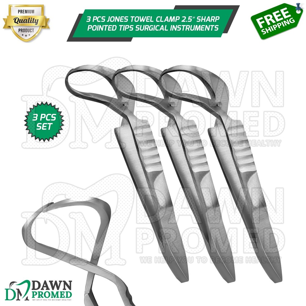 3 Pcs Jones Towel Clamp 2.5″ Sharp Pointed Tips Veterinary Surgical Instruments