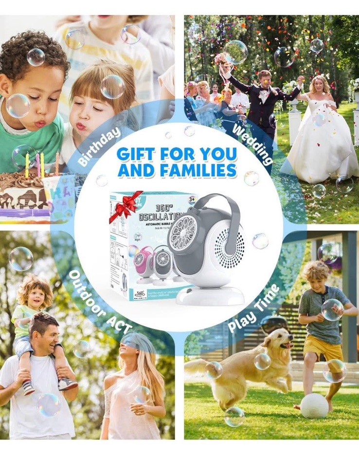 Bubble Machine - Automatic Bubbles Blower for Kids, Toddlers - 360° Oscillation