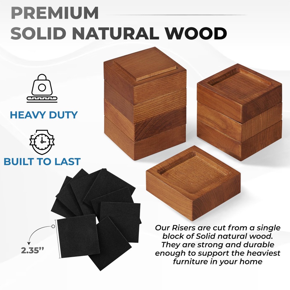 Bed Risers Set of 8 Adjustable 1-4in Solid Wood Non Slip Square