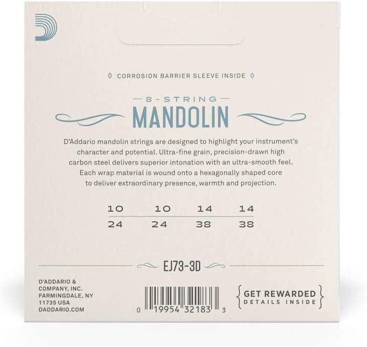 D'Addario EJ73-3D Mandolin Strings, Phosphor Bronze, Light, 10-38, 3 Sets